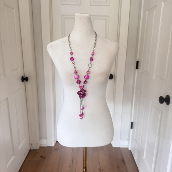 Vtg‎ Chunky Beaded Long Statement Necklace Pink Flower Beads Artsy Retro Y2k - Picture 5 of 6